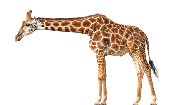 A giraffe with a long neck and legs stands on a white background