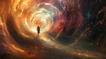 Enchanted Journey Ethereal Figure Stepping into Vibrant Portal of Magic and Mystery