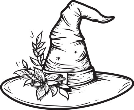 recommend clip art: Witch hat. Halloween vector wizard icon. Witch cap. Black line magic sketch illustration. Haloween cartoon. Magician logo isolated. Scary helloween hand drawn costume element. Witchcraft drawing art
