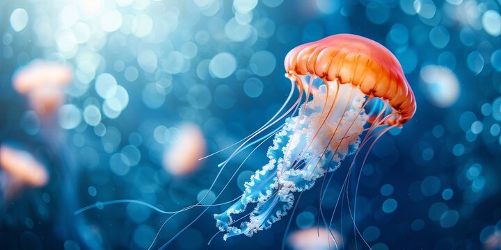 Orange jellyfish with long tentacles floating underwater