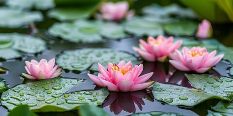 Several pink water lilies are floating on the water in the pond. The water surface is covered with large green lily pads. © Kamonwan