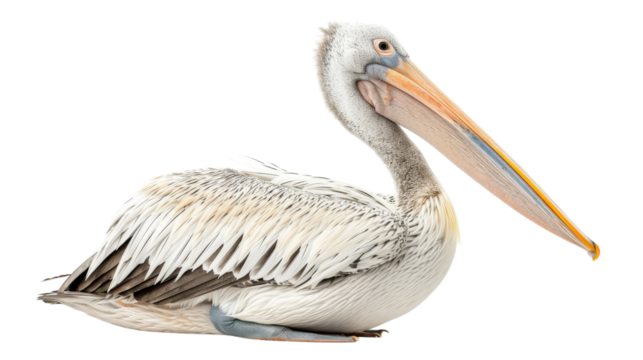A white pelican rests with its head turned to the side