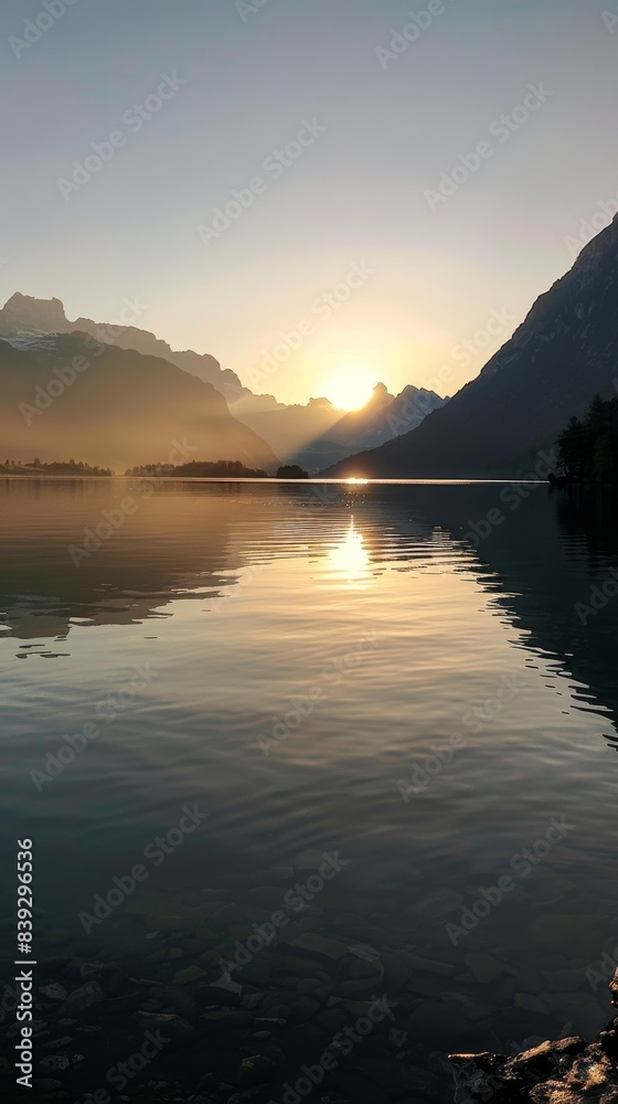 Wall mural Sunrise reflecting over mountain lake