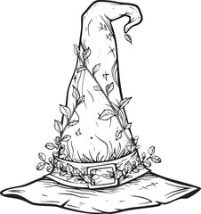 Witch hat. Halloween vector wizard icon. Witch cap. Black line magic sketch illustration. Haloween cartoon. Magician logo isolated. Scary helloween hand drawn costume element. Witchcraft drawing art