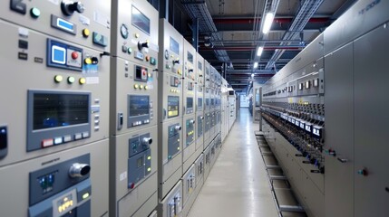 A row of computer monitors with a blue and green screen