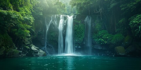 The photo shows a beautiful waterfall in a lush green forest