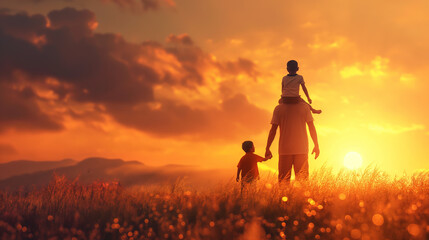 Fototapeta premium Fathers day. Back view of a little child boy sitting on his fathers shoulders holding hands and looking into the distance enjoying sunset. Father walking with son