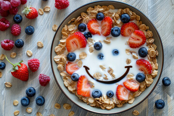 Oatmeal flakes with berries in milk with a smiling face in bowl. Healthy and nutritious breakfast for kids. Top view.