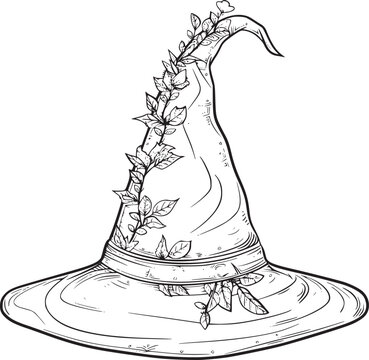 recommend clip art: Witch hat. Halloween vector wizard icon. Witch cap. Black line magic sketch illustration. Haloween cartoon. Magician logo isolated. Scary helloween hand drawn costume element. Witchcraft drawing art