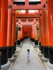 A toddler walking through the Tori gates of the Fushimi Inari Shrine in Tokyo, Japan.
