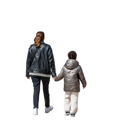Une maman et son jeune garçon, vus de dos, ils se tiennent par la main, ils sont chaudement...