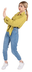Fototapeta premium Showing ban sign, full body annoyed young caucasian 20s woman showing ban sign aside. Refuse, stop, ignore concept idea image. Scared, afraid, no expression. Isolated transparent png.