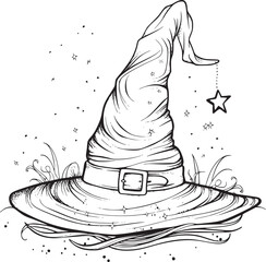 Witch hat. Halloween vector wizard icon. Witch cap. Black line magic sketch illustration. Haloween cartoon. Magician logo isolated. Scary helloween hand drawn costume element. Witchcraft drawing art