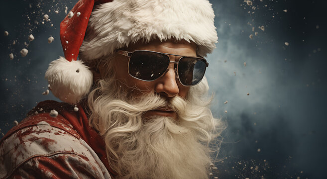 Cinematic illuminated Santa Claus with cool sunglasses looks cool into the camera