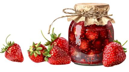 A close-up image of a jar of homemade strawberry jam and fresh strawberries
