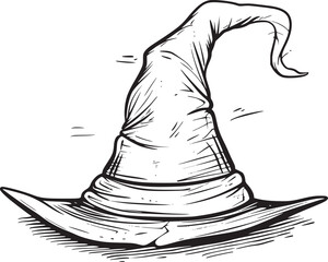 Witch hat. Halloween vector wizard icon. Witch cap. Black line magic sketch illustration. Haloween cartoon. Magician logo isolated. Scary helloween hand drawn costume element. Witchcraft drawing art