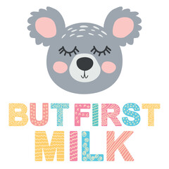 Cute face of an animal with lettering. Scandinavian style and pastel palette. baby posters, cards, clothes, childrens rooms