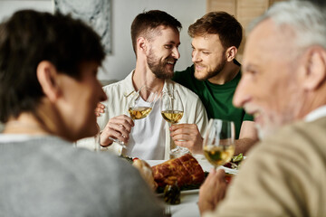 A gay couple shares a toast with parents at a family gathering.