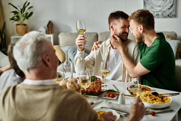 A gay couple shares a loving moment while dining with their family at home.