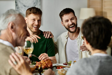 A gay couple enjoys a meal with their family, sharing laughs and conversation.