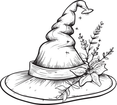 recommend clip art: Witch hat. Halloween vector wizard icon. Witch cap. Black line magic sketch illustration. Haloween cartoon. Magician logo isolated. Scary helloween hand drawn costume element. Witchcraft drawing art