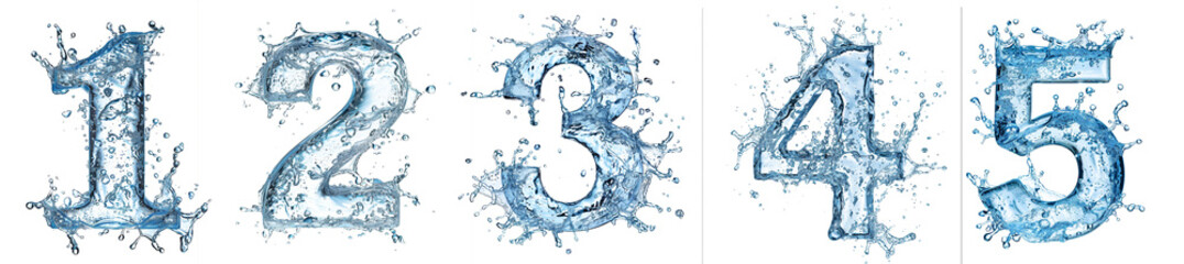 Splashing water numbers 1 2 3 4 5 dynamic and refreshing design on transparent background