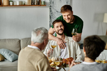 A gay couple introduces their partner to their family at a home dinner.
