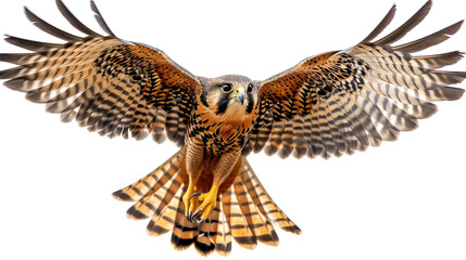 A close-up of an American Kestrel in flight with its wings spread wide