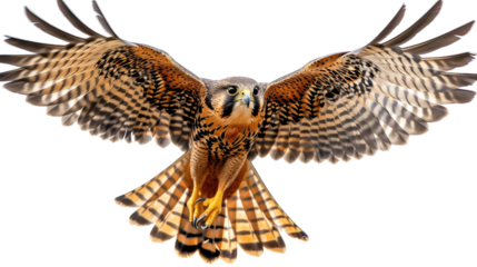 A close-up of an American Kestrel in flight with its wings spread wide