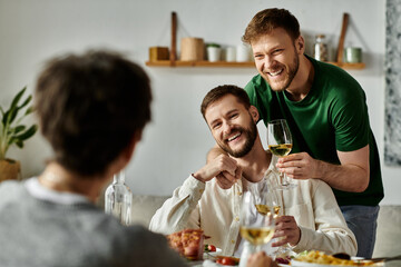 A gay couple enjoys a meal with their family.