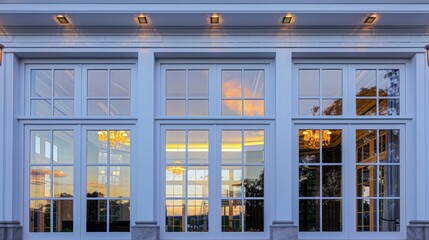 View of a white  large picture windows showcasing the interior lights, with the reflection 