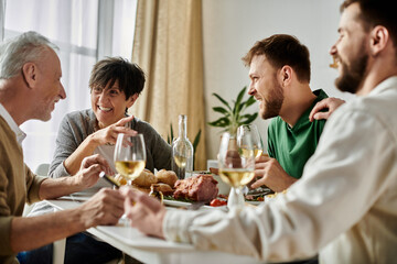 A gay couple enjoys dinner with parents at home.