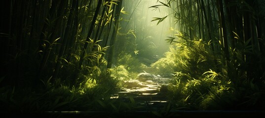 Naklejka premium Sunlight Filtering Through Vibrant Emerald Green Leaves Creating a Serene and Lush Forest Canopy Scene in a Natural Outdoor Setting