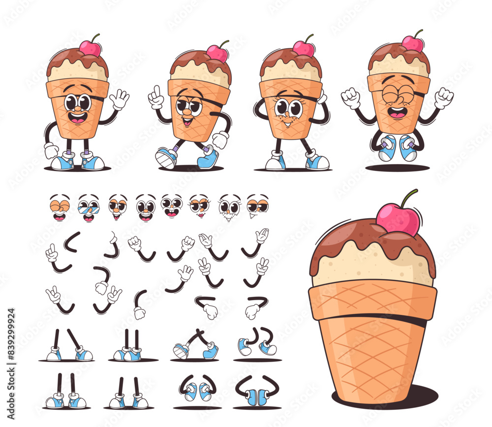 Wall mural vector set of retro cartoon ice cream cone characters with different facial expressions and body par
