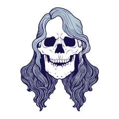 skull with long hair, vintage monochrome style