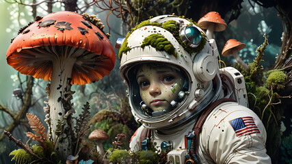 Fototapeta premium Desolate alien planet, aliens in spacesuits spaceship in space