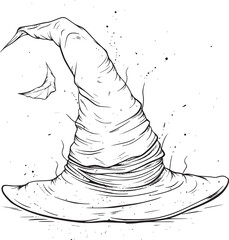 Witch hat. Halloween vector wizard icon. Witch cap. Black line magic sketch illustration. Haloween cartoon. Magician logo isolated. Scary helloween hand drawn costume element. Witchcraft drawing art