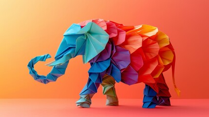Close-up of an origami elephant, vibrant colored paper, isolated background, sharp studio lighting, precise details, artistic paper folds