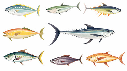 A set of icons of different varieties of fish on a white background