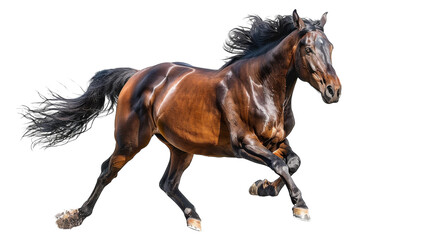 A bay horse with a black mane and tail runs at full speed, isolated on a white background