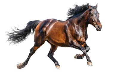 A bay horse with a black mane and tail runs at full speed, isolated on a white background