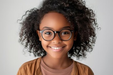 Fototapeta premium Young smiling girl, glasses, brown shirt, posing for photo