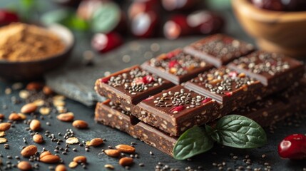 Superfood protein bars with dates, oats, peanut butter, chocolate, chia seeds and bee pollen