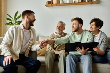 A gay couple shares a photo album with parents while sitting on a couch in a home.