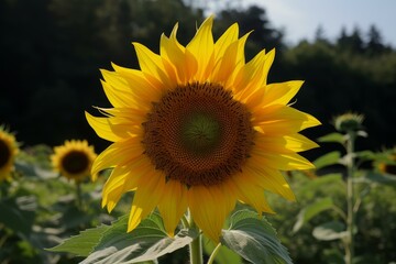 Single sunflower with bright yellow petals stands out in a field under a clear sky