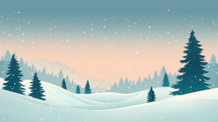 Snowy Winter Landscape with Pine Trees and Mountains
