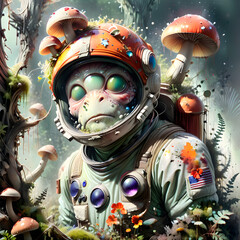 Astronaut with insect details Strange looking alien insects, mushrooms, fungi, moss, lichens, exploding hats.