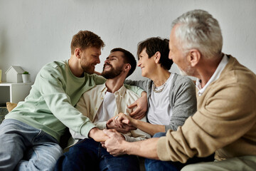 A gay couple sits on a couch with parents, smiling and holding hands.