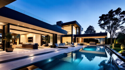 Fototapeta premium A house at dusk with interior and exterior lights on. The foreground shows a pool of the subject discussing architecture, modern home designs or real estate.