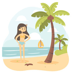 Young female character stands smiling sandy beach beside palm tree, tropical vacation. Sailing boat horizon, clear skies, leisure holiday illustration. Cartoon girl enjoys seaside, summer beach